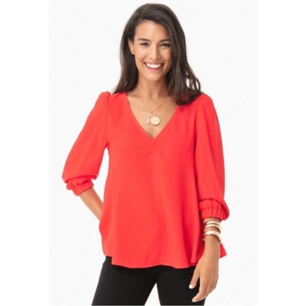 Tuckernuck Poppy Hollis Red V-Neck Puff Sleeve Peplum Blouse Top Womens XS